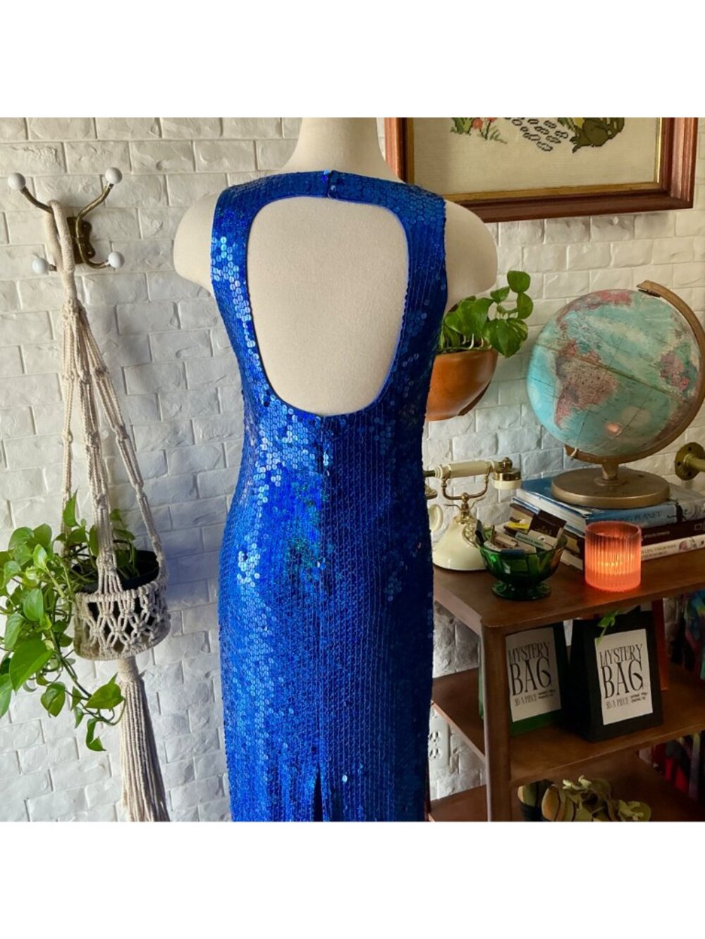 Vintage 1990s Y2K Royal Blue Sequin Halter Dress Gown + Cut-Out Back - Picture 8 of 12